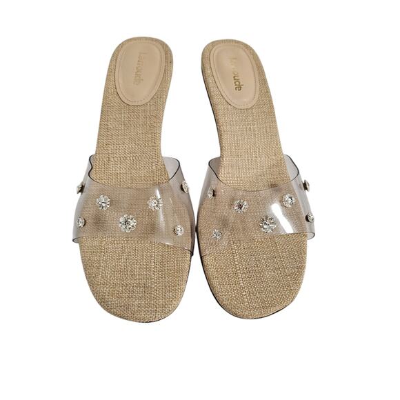 Larroude Vivi Lucite Mule Sandal Size 8.5 Clear Vinyl Swarovski Crystal Low Heel - Picture 2 of 8
